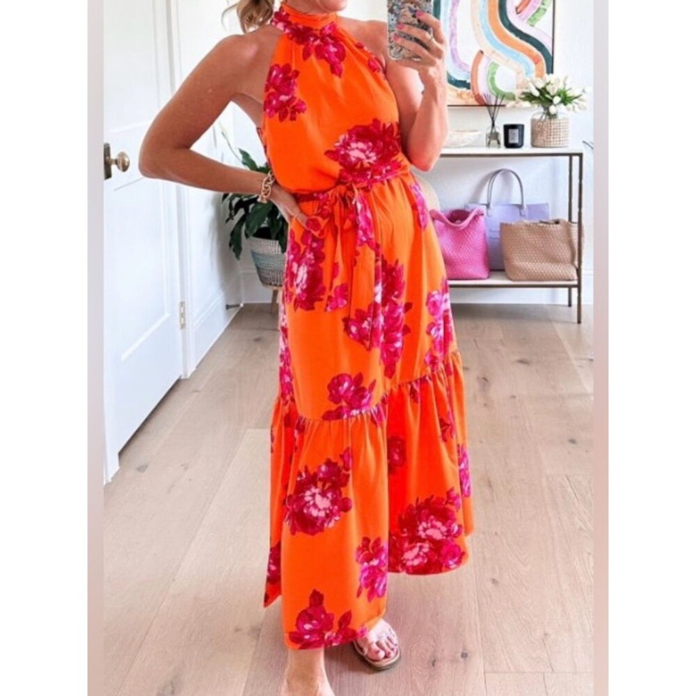Scoop bright orange and pink floral halter neck maxi dress size small NWT
